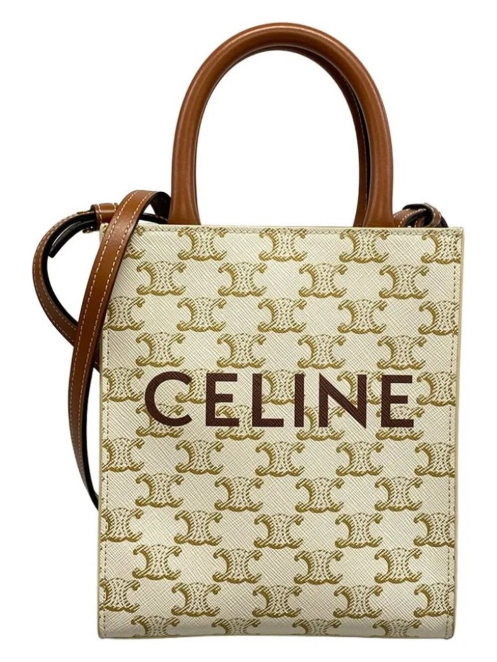 CELINE Mini Vertical Cabas Cream Brown Triomphe Canvas Calf Skin Tote Bag